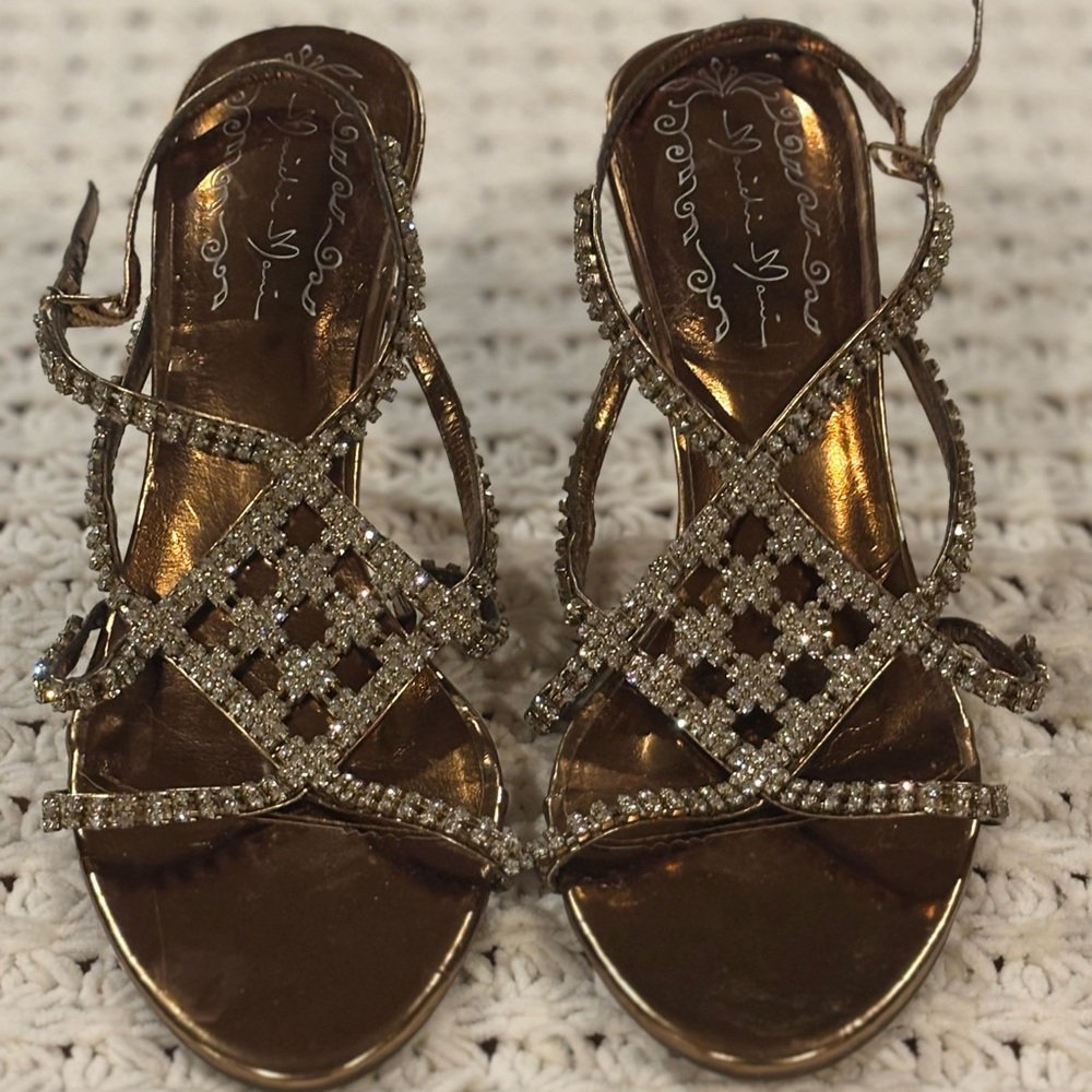 STUNNING!! Michan Mani Bronze and Rhinestone Strappy Heels